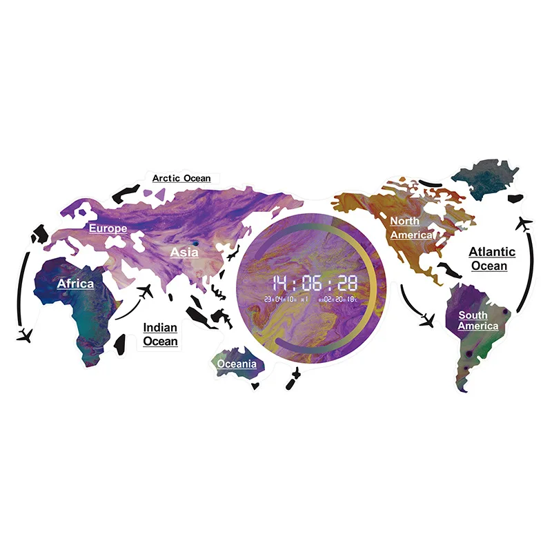 74x34cm wall Decorative Acrylic Digital Wall Clocks Creative World Map Shape Smart Led Clock with Calendar