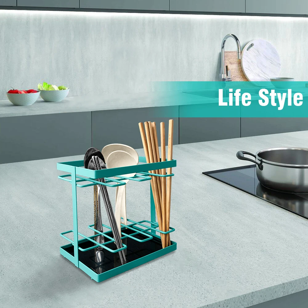 Japan Style Modern Life Metal Wire Unique Kitchen Utensil Holder And Racks PP Drip Tray Chopstick Spoon Holder For Dining Table