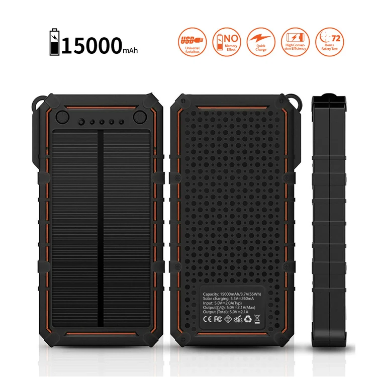 15000mAh Dual USB Cellphone Charger Emergency Solar Power Bank charger With LED Light