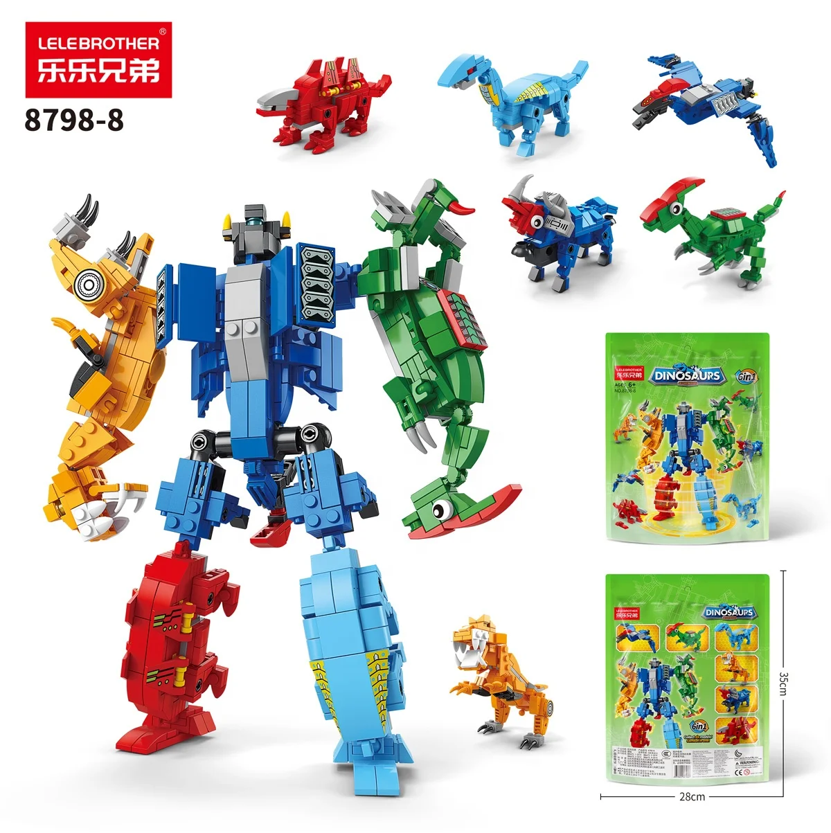 Lele Brother Color Bag Building Blocks Dino Mecha 6 in 1 Robot Bricks Toys Dinosaur Model Kids Educational Gift