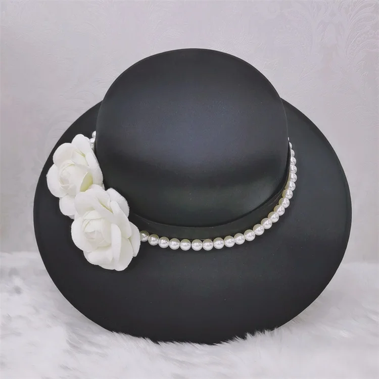 High Quality Women hat Ladies Wool Cloche Round Church Hat with flower pearl accessories