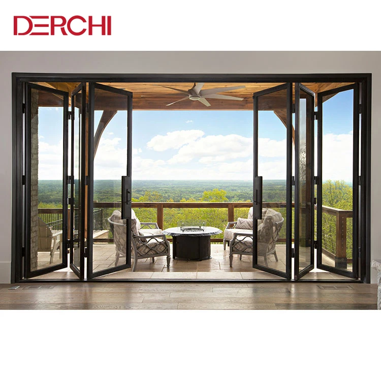 Windproof Aluminum double glazed bifold door exterior glass bi folding entry doors