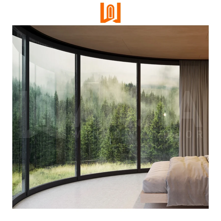WANJIA Custom Villa Aluminum Curved Fixed Window Floor To Ceiling Fixed Glass Window