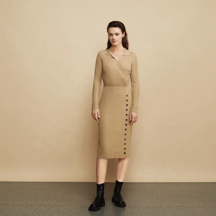 Dress manufacturer elegant vintage lapel long sleeve woman clothes casual knitted dress