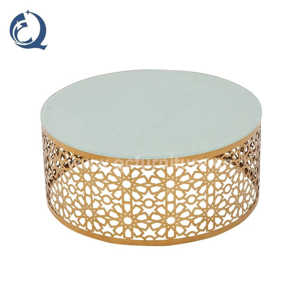 Arabic style gold drum coffee table modern design super white tempered glass top coffee table