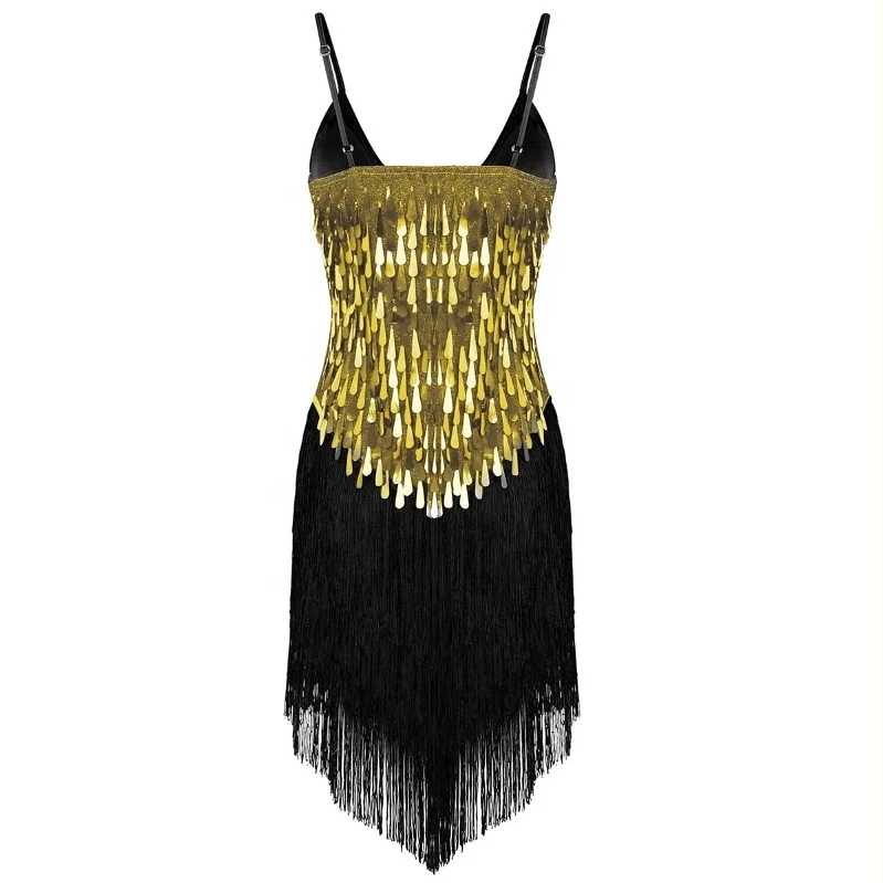 LH2340 Adult Women Spaghetti Straps Sparkling Sequins Fringe Dance Party Dress Gowns Rhythm Ballroom Samba Rumba Tango Latin