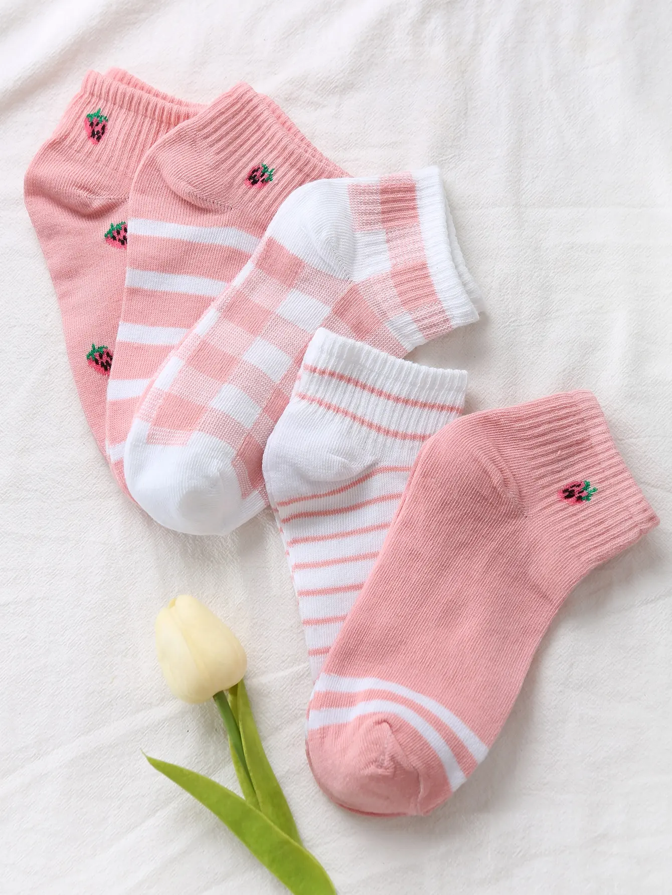 5 Pack Cheap Summer Ladies Strawberry Designs Short Pink Low Cut Women Cute Ankle Socks