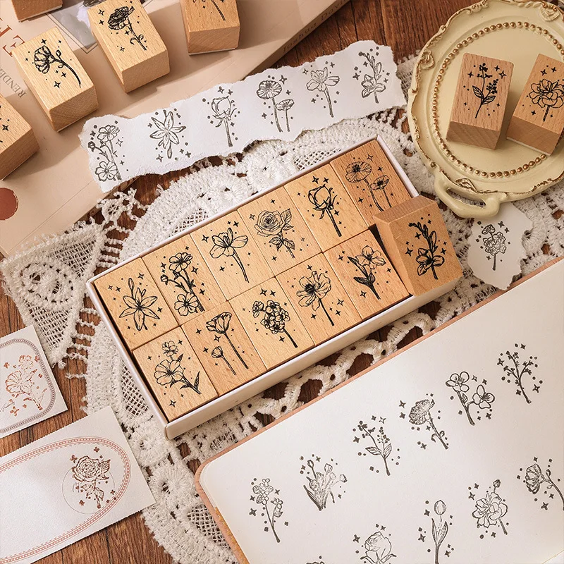 Wholesale creative retro plant flower rubber diary DIY decorative printing floral wooden stamp seal set