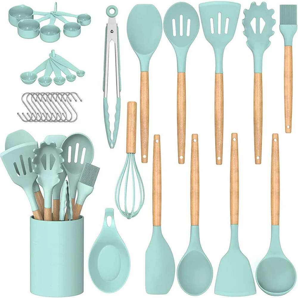 33 Pcs Non-Stick Wooden Handle Silicone Kitchen Utensils Set With Holder spatula Spoon Home Kitchen Household Utensils