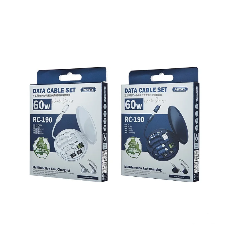 Remax portable  Rc-190 5 in 1 cable storage box 60W Fast Charging For Iph/Android/Type 2022 OEM New Trends waterproof  Usb Cable