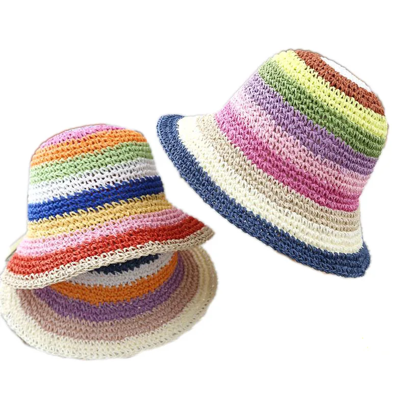 Handmade Beach Stripes Cap Crushable Foldable Rainbow Floppy Straw Bucket Hats For Women