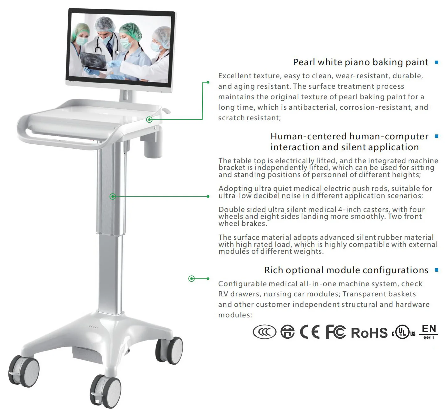 ABS Plastic Mobile Workstation Computer Trolley Adjustable Hospital Medical Computer Cart