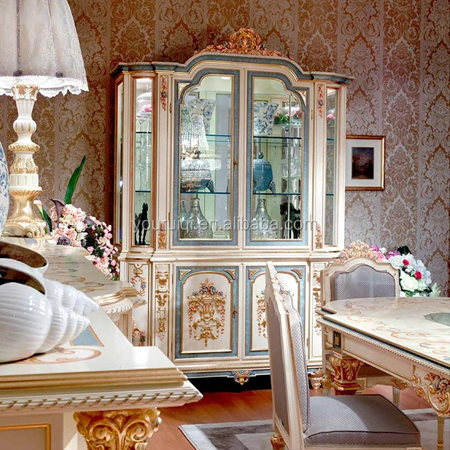 Italian TOP Brand Wine Cabinet, Classic Solid Wood Glass Cabinet, Luxurious Antique White Display Cabinet