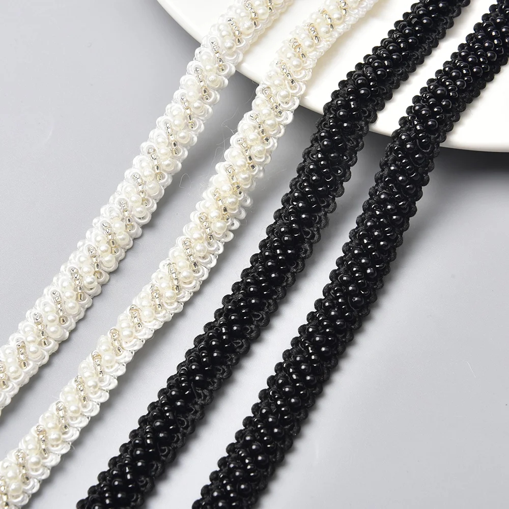 Simple Style Pearl Beaded Lace Trim Sewing Mesh Ribbon 1cm Width Bridal Dress DIY Clothing Applique Banding Webbing