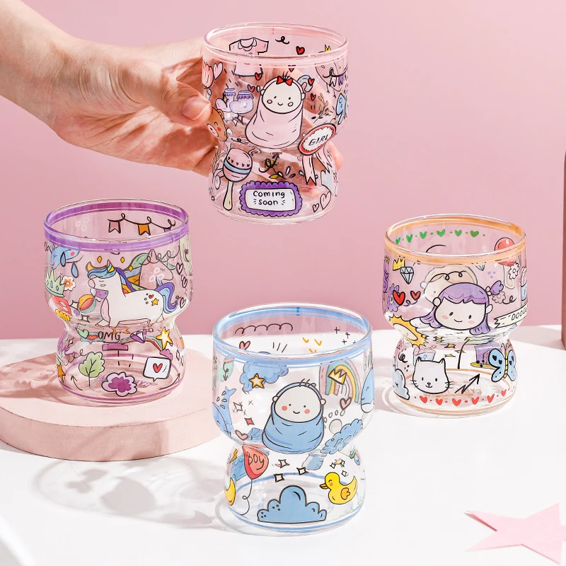 Glass mug gift box set clear borosilicate glass single wall drinking mug cute pattern cartoon mug