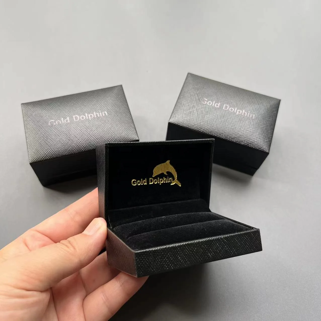 Luxury Personalized Logo Black Jewelry Ring Box With Black Print Logo With Hinge Closure For Ring Earring Gift Paper Box