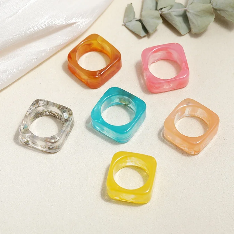 CLARMER New Transparent colorful plastic rings Resin Acrylic Ring Geometric Square Round Rings for Women Jewelry