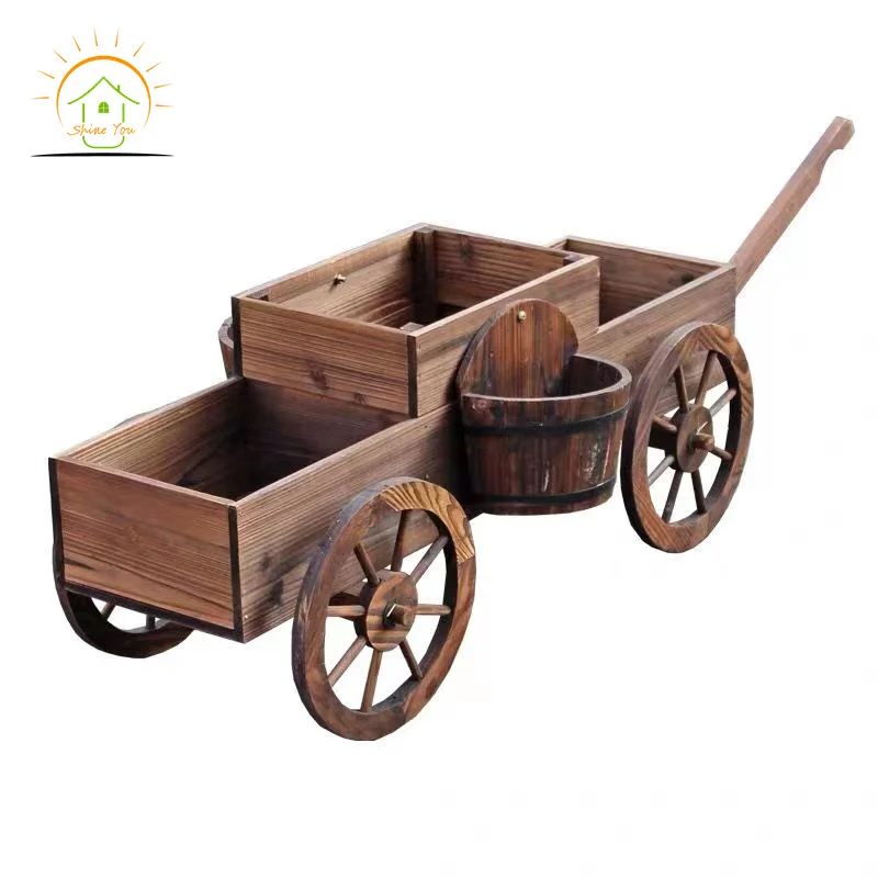Movable Solid Wood Four-wheel Garden Rustic Wooden Flower Cart Wood Wagon Planter