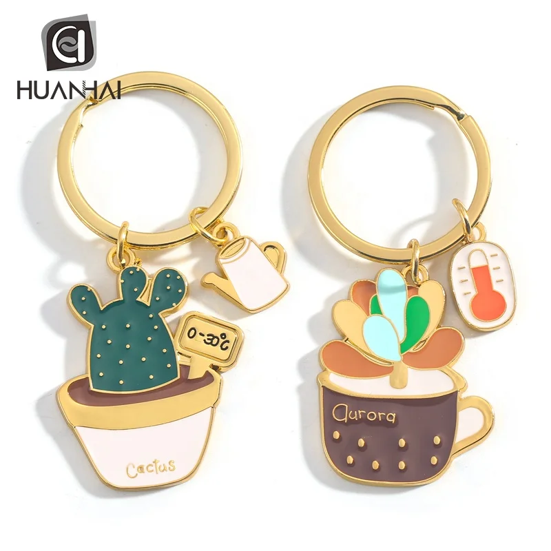 Custom logo Enamel Gold Cute Cactus Plant Metal Keychain