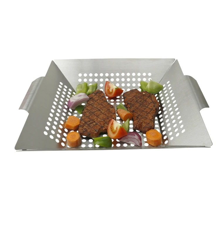 Square Grill Basket Heavy Duty Stainless Steel Barbecue Pan Outdoor Grill Veggies Shrimp Kabob & Meat for All Grills & Smoker