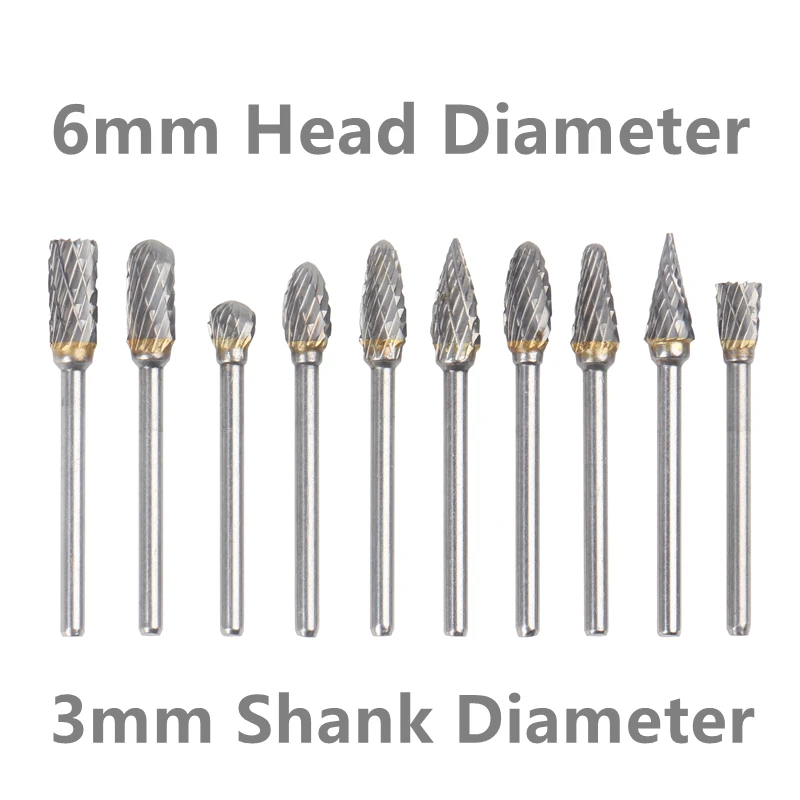 10PCS 3mm Shank Double-Cut Tungsten Carbide Rotary Burr Set Milling Cutter Tools For Copper Aluminum Wood Grinding