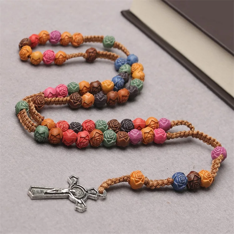 Rose Rosary Beads Islamic Muslim Jesus Christian Women Jewelry Decorations Gift Cross Pendant Plastic Prayer Beads Necklace