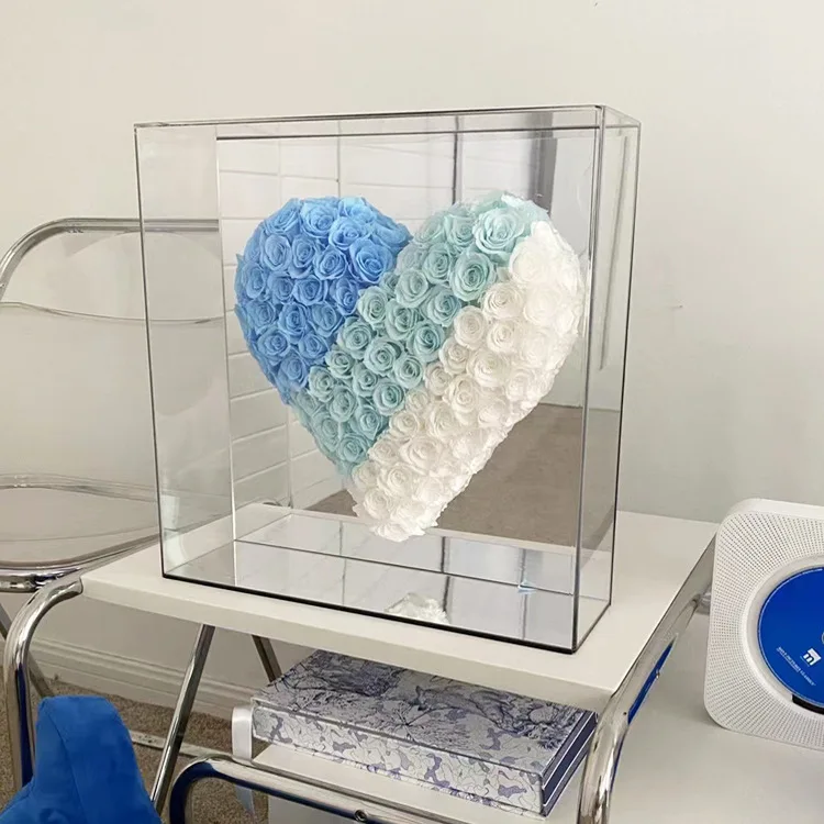Wholesale Custom Shape Preserved Flower Box Roses Luxury Clear Mirror Acrylic Flower Box with Lid for Wedding Display