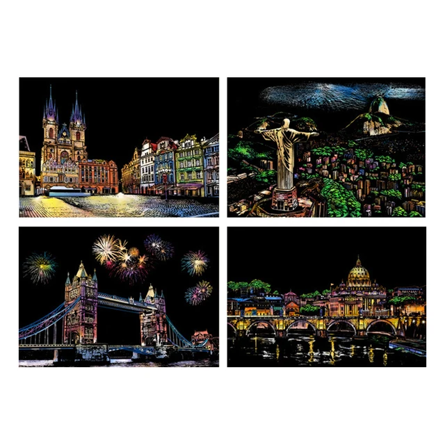 Colorful Magic Scraping Painting DIY Handmade Art Building City Night View Scratch Paper Drawing Board Card