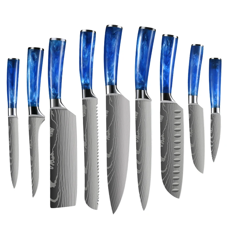 Набор ножей шеф-повара японские кухонные инструменты из нержавеющей стали с деревянной ручкой дамасский лазер 9 комплектов