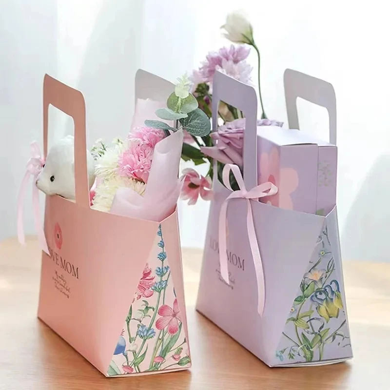 Portable Flower Box Paper Handbag Gift Bag box Wedding Party Gift Box Packaging Handy Flower Basket For Wedding