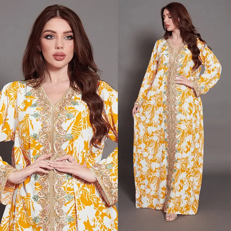 Hot selling loose wear fashion print beaded long sleeve maxi dress islamic clothing muslim dresses for women