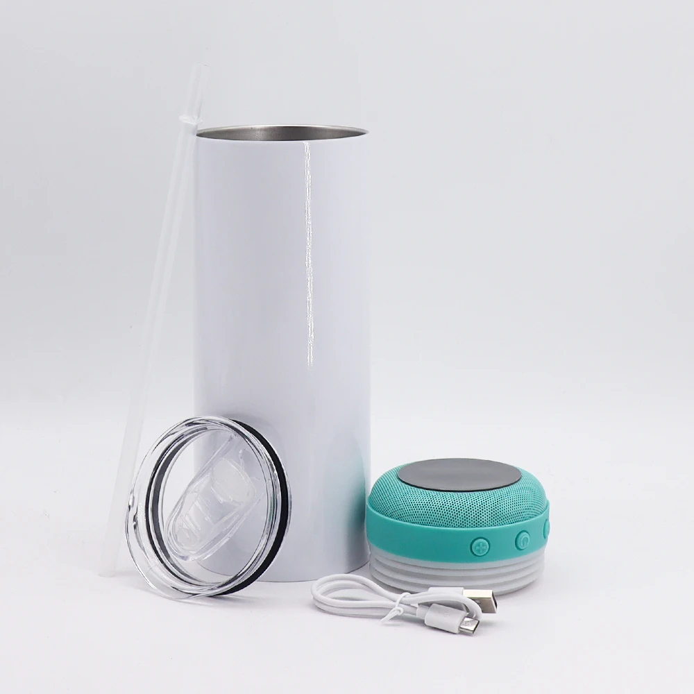 usa warehouse stocked white stainless steel straight wireless usb charger 20oz sublimation speaker tumbler