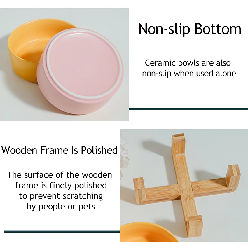Easy Cleaning Luxury Ceramic Elevated Pet Bowl with Wood Stand One or Two Bowls Raised On Frame for Cat Food Feeder