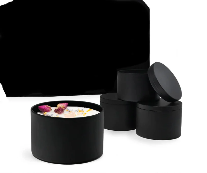 large metal black travel tin candles jars cans round rose gold scented 8oz 10oz 16oz candle tins container with lid