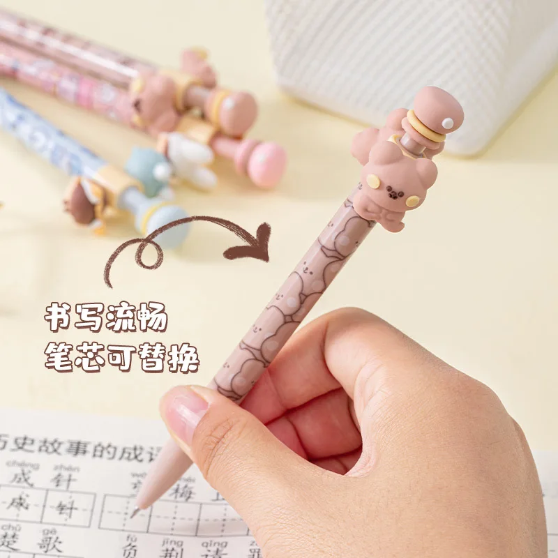 2023 New cheap Desk stationery students Good writing novelty bear printed Press style plastic fancy gel ink pens 0.5mm