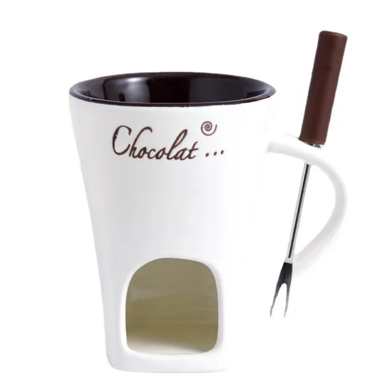 European Swiss Ice Cream Cheese Chocolate melting stove porcelain hot pot Cup with fork for candle ceramic chocolate fondue mug