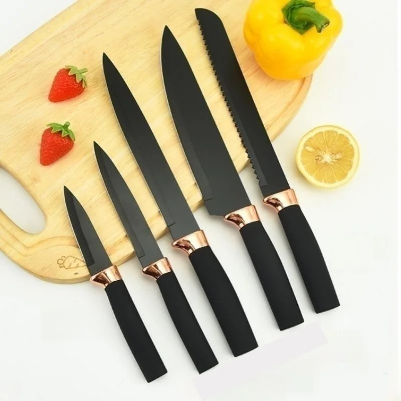 Прямая поставка с завода нержавеющая сталь черный антипригарный набор ножей из шести предметов