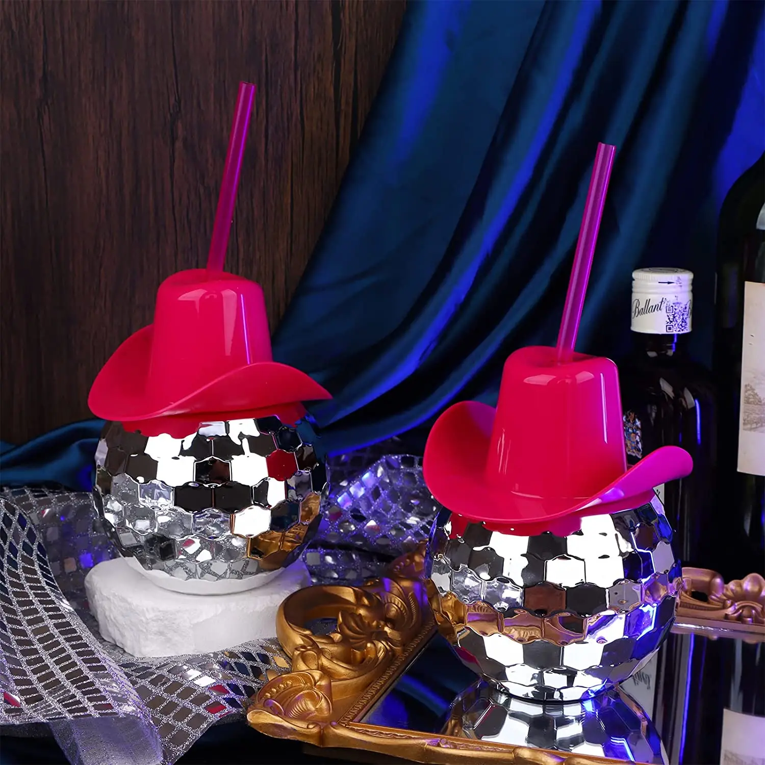 Disco Party Supplies Wine Cocktail Glass Drinking Tea Mirror Ball Cups Disco Ball Cups Pink Cowgirl Hat Cups with Straw