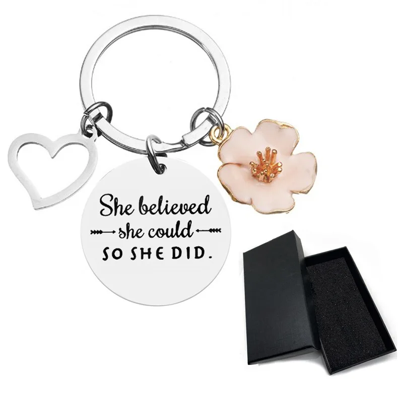 2024 hot sale key ring lettering she believed she could so she did Pink Petal Heart Pendant Keychain