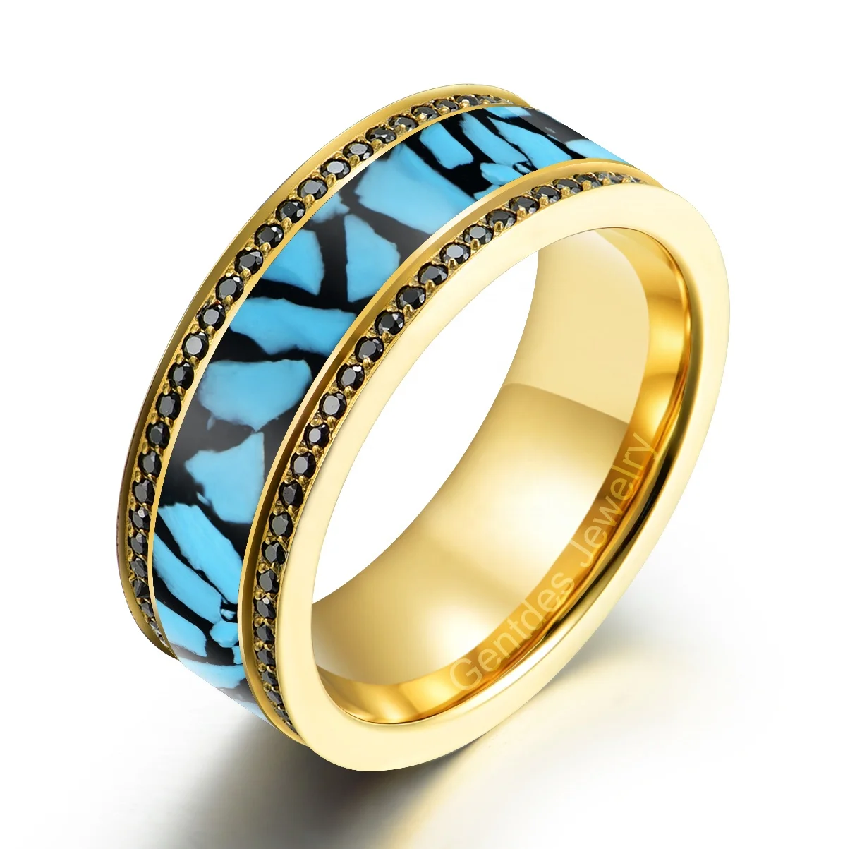 Gentdes Jewelry Delicate Paved Black Cz Stones 18K Gold Plated Titanium engagement Ring Inlay Turquoise Diamond Engagement Ring