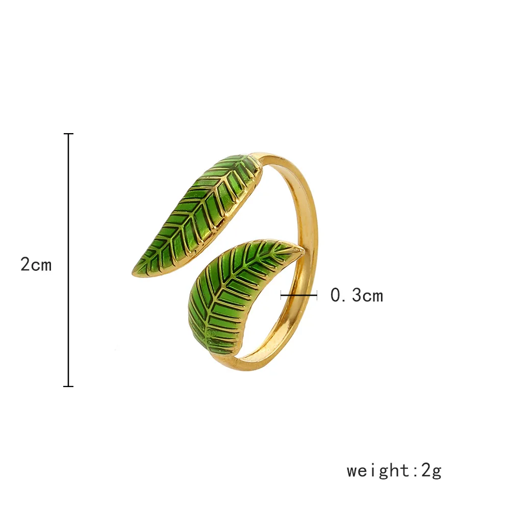 Beimai OEM Ring Titanium steel gold-plated oil-dripping green leaf open adjustable ring