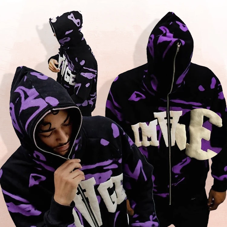 huili manufacture wholesale hot sales streetwear all over printing puff print full face zip up hoodie men custom full zip hoodie