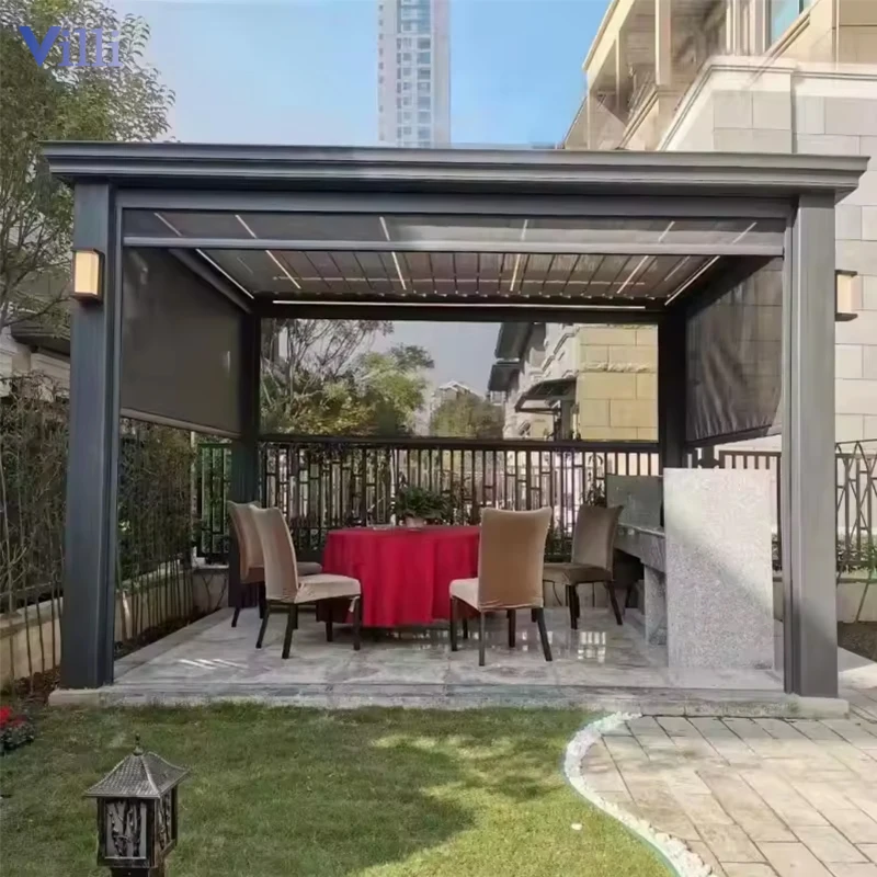 Custom Windproof Pergola Electric Louvre Roof Pergola Aluminum Waterproof Backyard Pergola With Screen Blinds