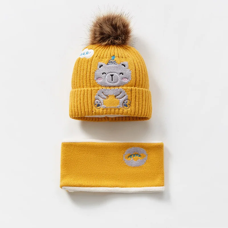 Wholesale Winter Kids Cartoon 100% Cotton Crochet Knitted Faux Fur Pom Pom Beanies Custom Label Toddle Baby Hats and Scarf Set