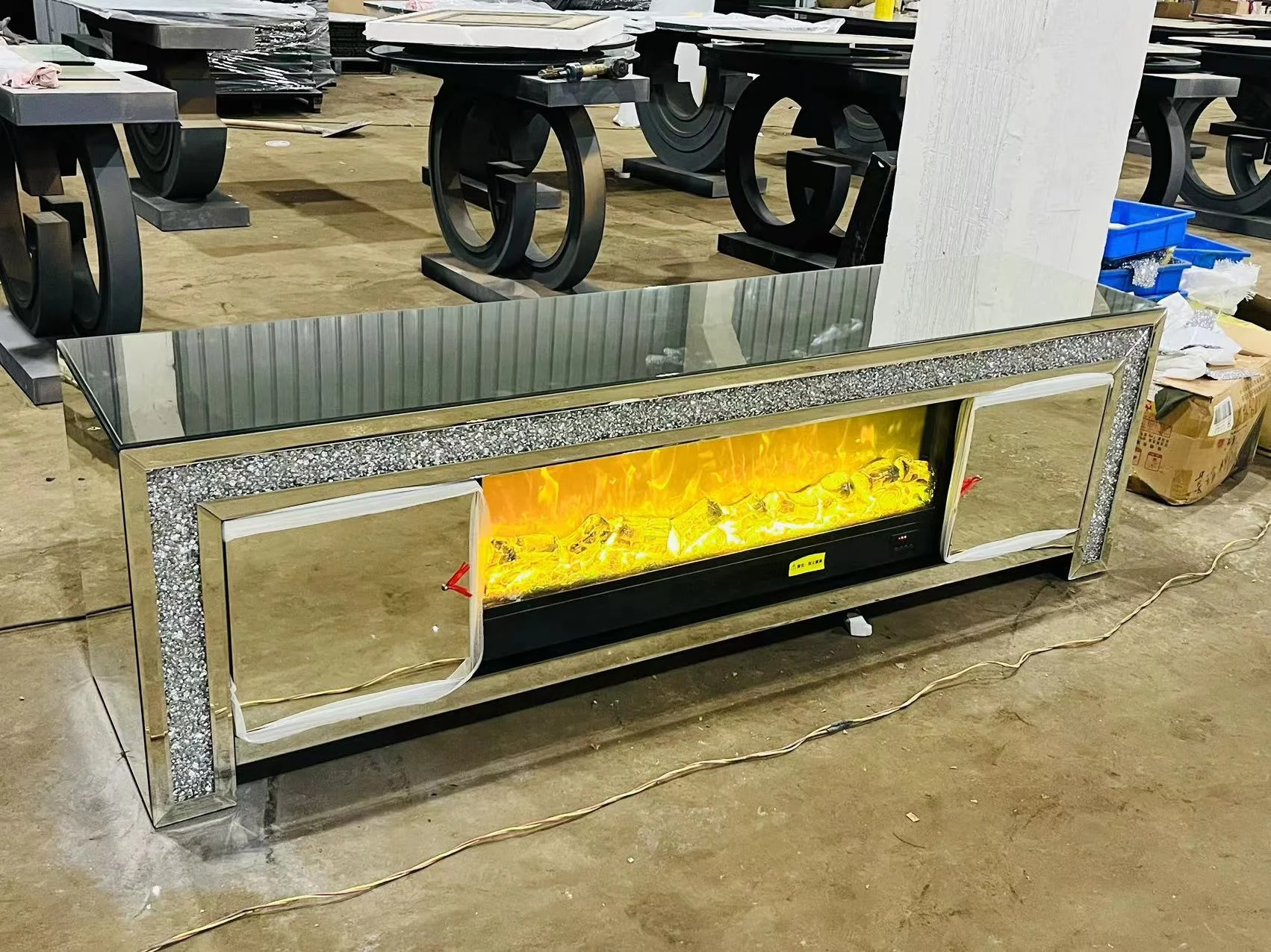 Luxury Crushed Diamond Mirrored TV Stand LED Fireplace Sparkling Living Room Furniture Home Office Hall Workshop Entry Laundry
