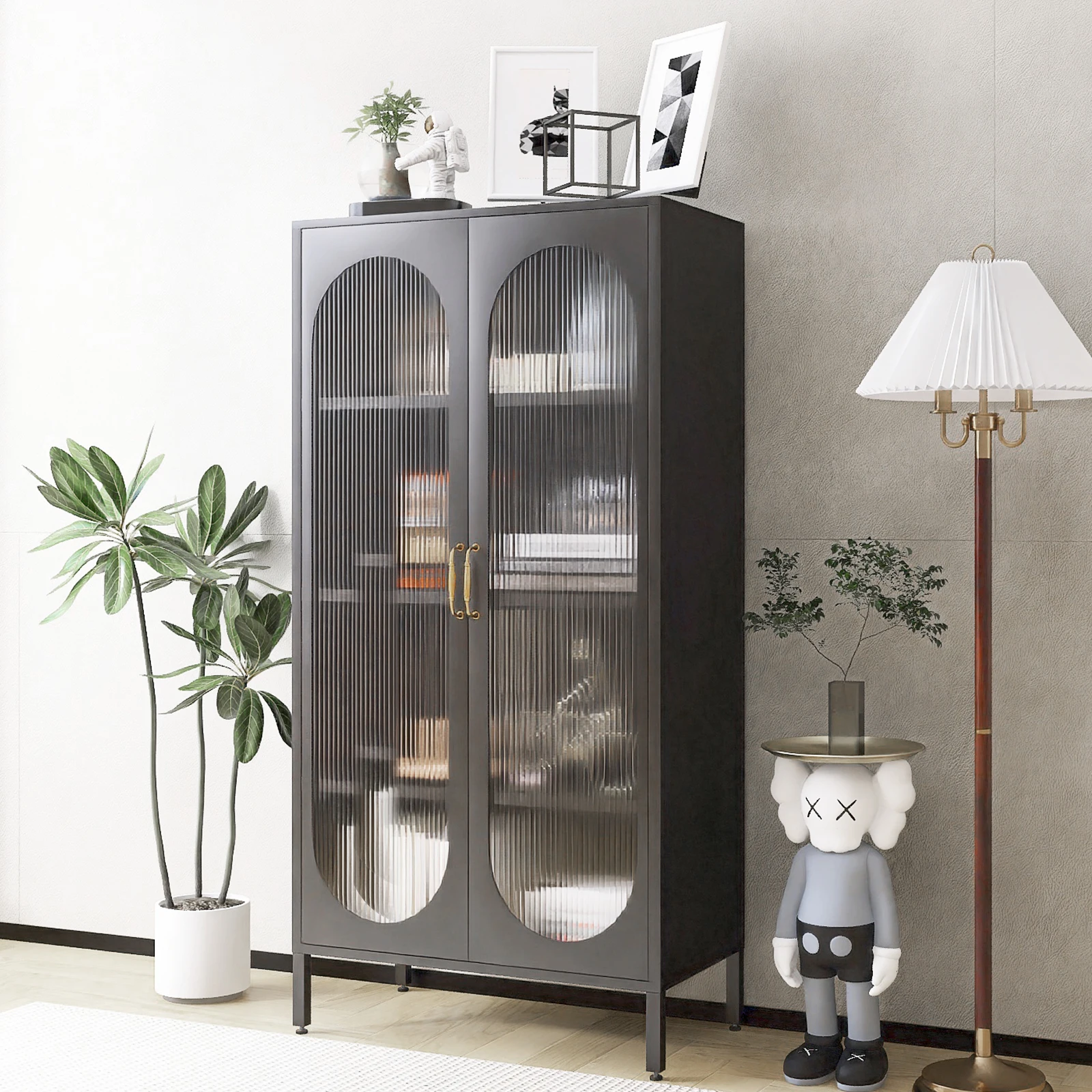 Doors Curio Display Cabinet Metal Cabinet with Glass with Adjustable Shelves Locking Glass Cabinet for Home Office Kitchen Iron