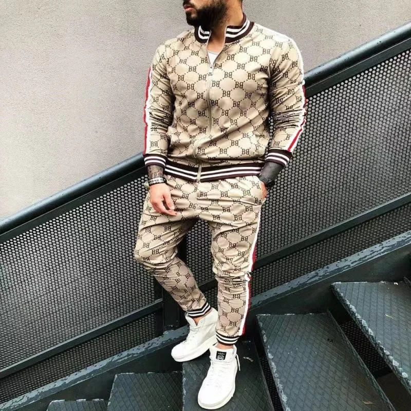 fashion sportswear tracksuit 2 piece zipper jacket and pants set workout gym training clothes for men