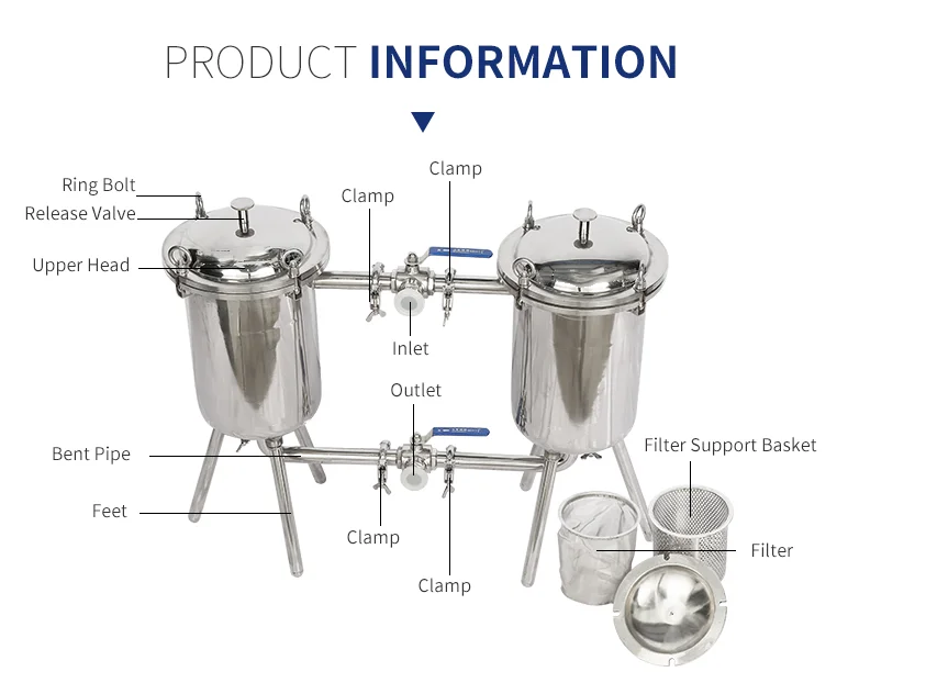Pre Filtration Stainless Steel Bag Filter Housing For Beer Wine And Juice