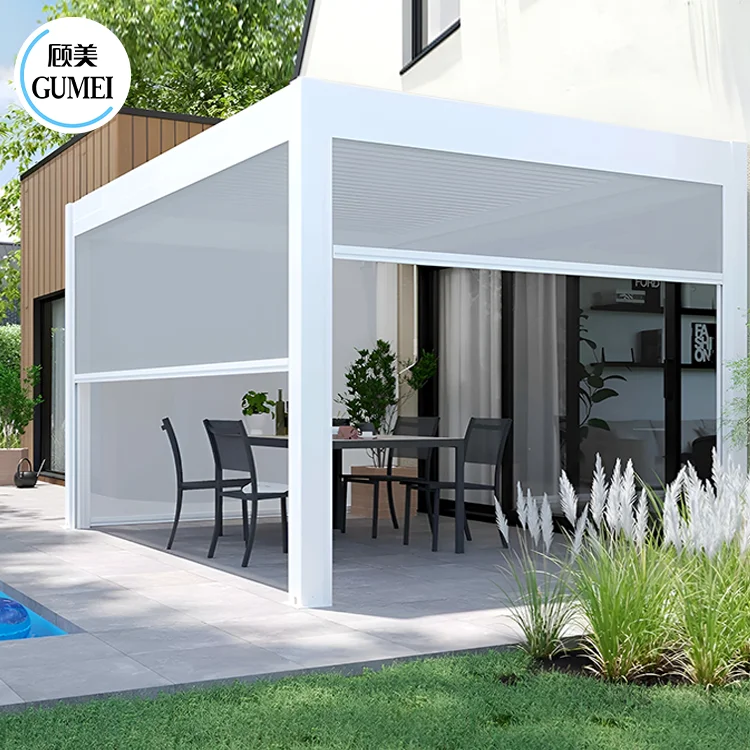 Wall-Mounted Outdoor Waterproof Aluminum Pergola  Roof System Bioclimatic Motorized Retractable Louvre Awning
