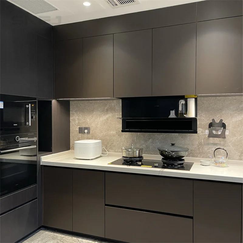 SNEJ Contemporary Flat Panel Kitchen Cabinets L-shaped Custom Kitchen Cabinets Mid Century Wood Kitchen Cabinets